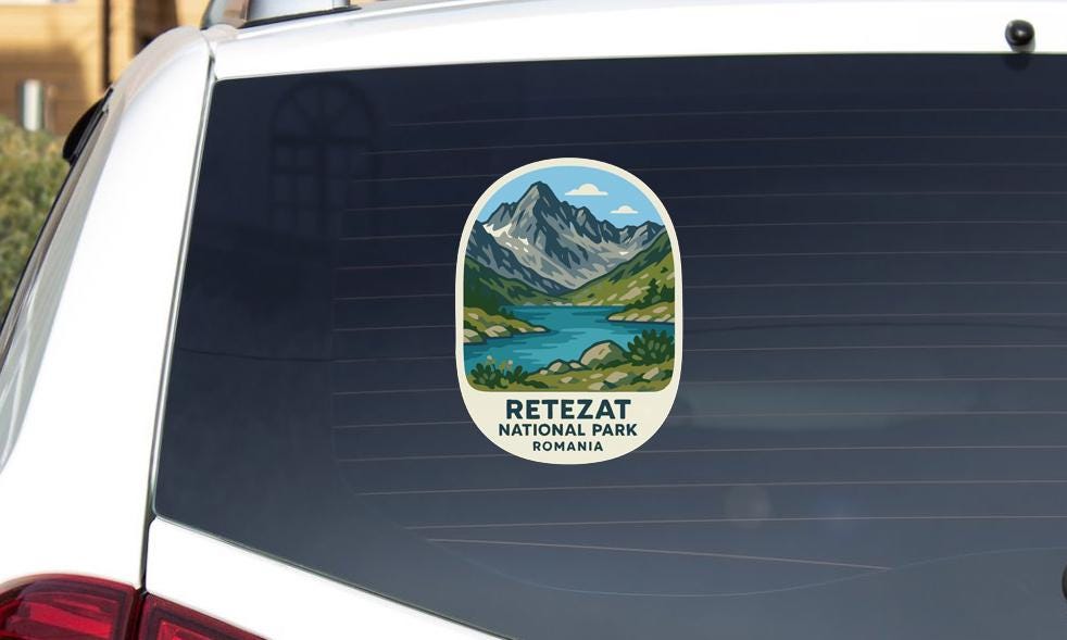 A sticker on the rear window of a car that says "REZAT NATIONAL PARK ROMANIA".