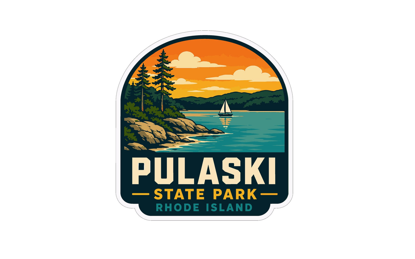 a sticker or logo for Pulaski State Park in Rhode Island. The design includes a scenic landscape with a sailboat on the water, surrounded by pine trees and mountains.