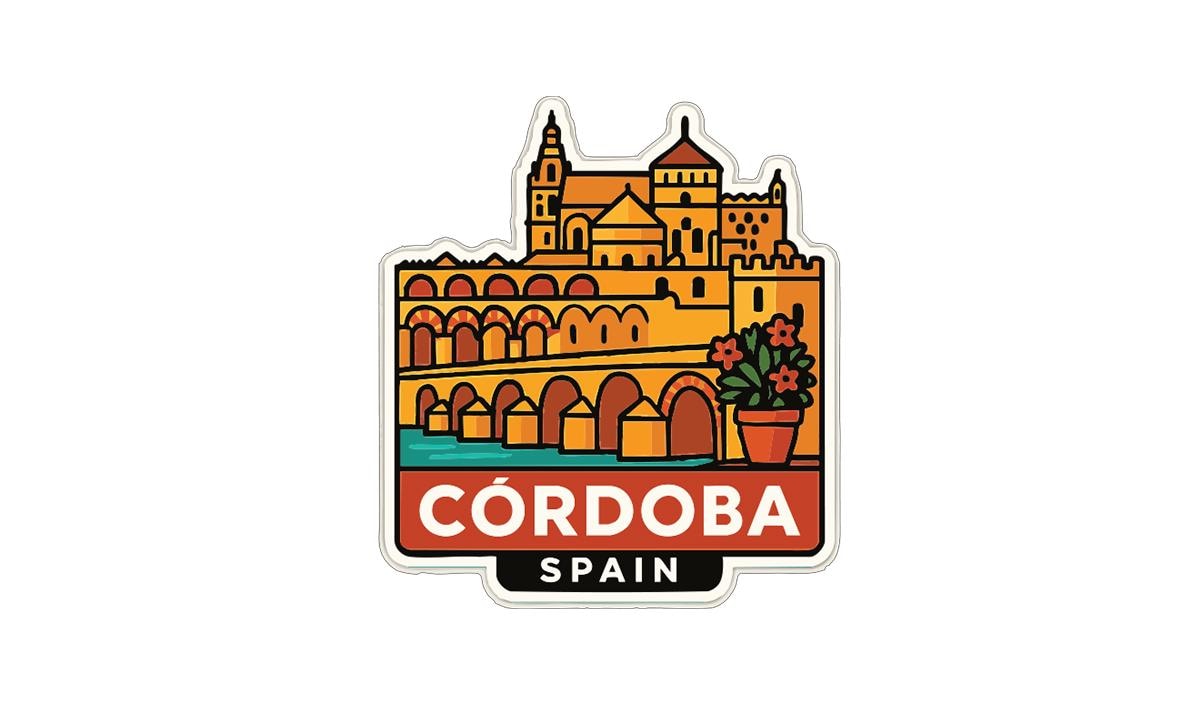 a stylized illustration of the Córdoba, Spain landmark, with a castle, bridge, and flowers in the foreground.