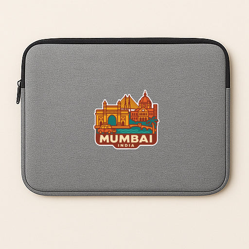 a gray laptop sleeve with a colorful graphic of the skyline of Mumbai, India.