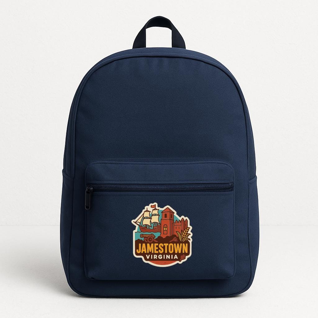 A navy blue backpack with a graphic of Jamestown, Virginia, printed on it.