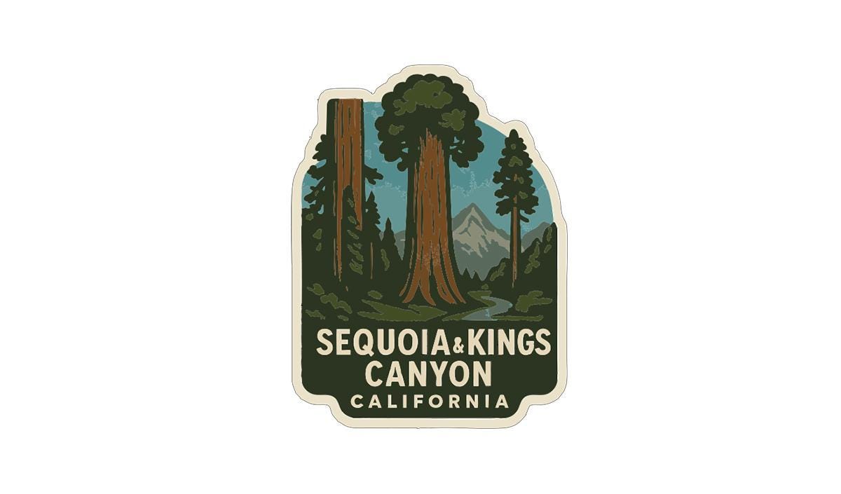 A sticker or label featuring the text "SEQUOIA & KINGS CANYON CALIFORNIA" along with an illustration of a forest scene with tall trees and mountains in the background.