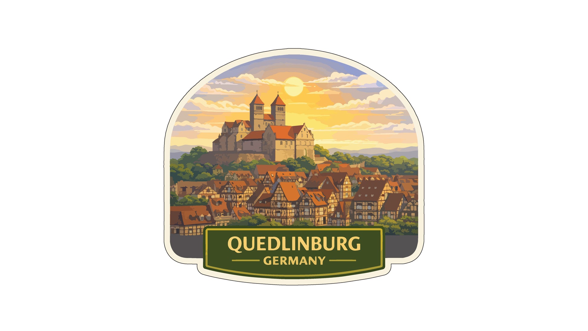 a castle in the distance, with a colorful sunset sky in the background. The castle is surrounded by a village or town, creating a picturesque scene. The text "Quedlinburg, Germany" is displayed below the image.