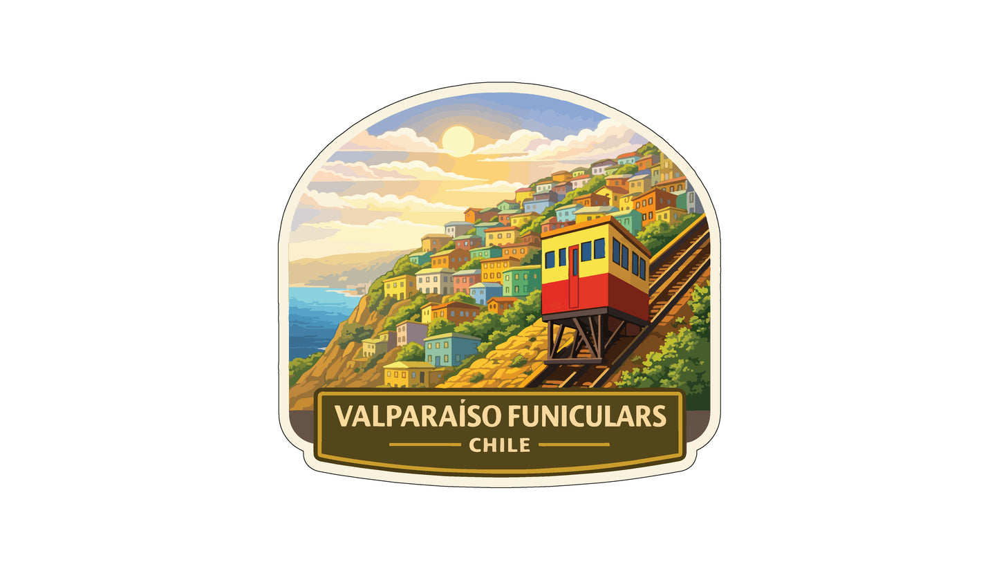 a colorful train traveling along a track through a picturesque town nestled on a hillside, with a scenic backdrop of the ocean and a bright sky.