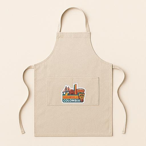 A beige apricot with a colorful graphic of a city skyline on the front pocket.