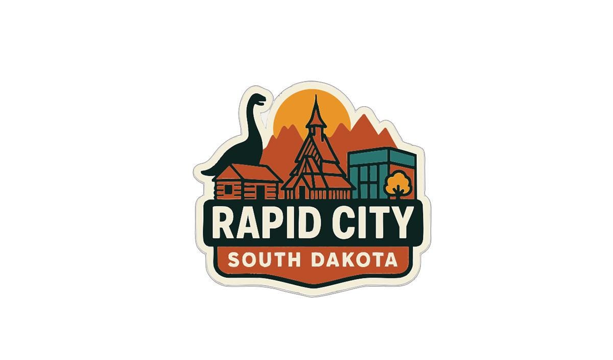 a sticker or logo with a dinosaur, buildings, and mountains, representing the city of Rapid City, South Dakota.