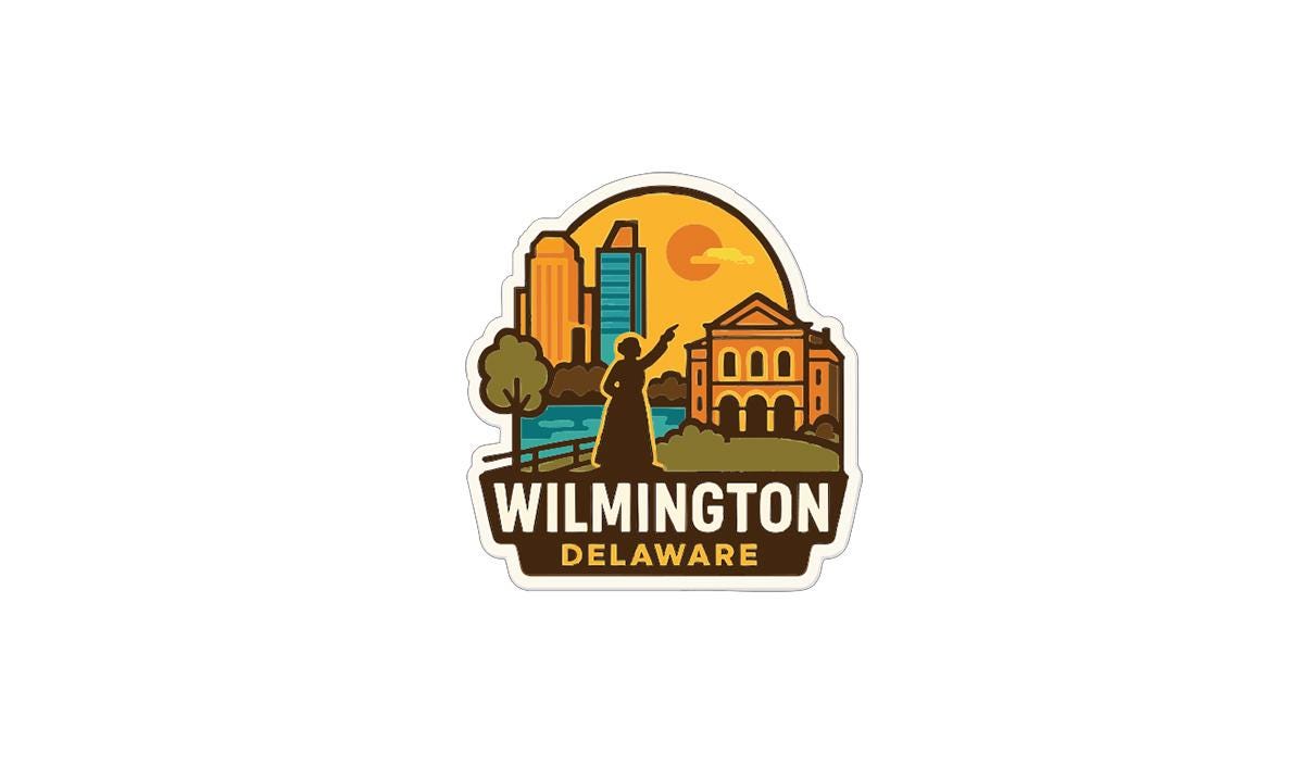 A sticker or logo depicting the city of Wilmington, Delaware, with a silhouette of a person standing in front of a building and a sunset in the background.