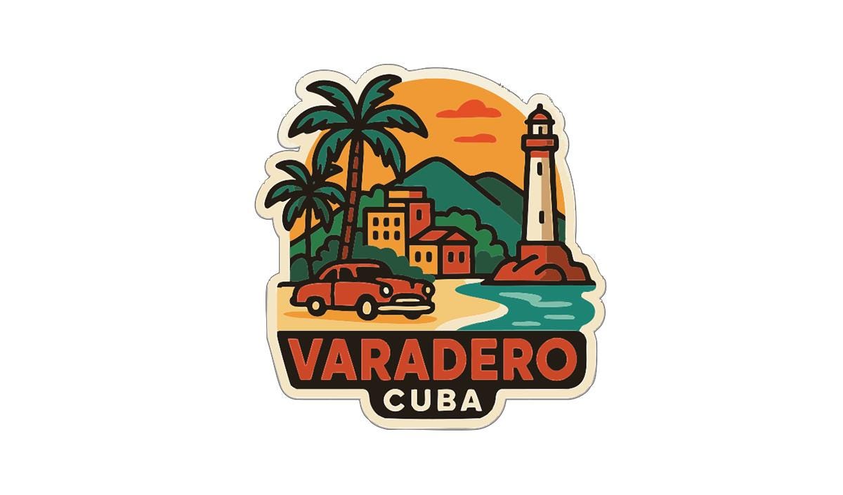 a sticker or emblem with a tropical beach scene, palm trees, a lighthouse, and a vintage car, along with the text "VARADERO CUBA".