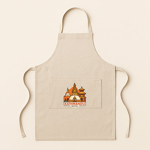 A beige apricot with a graphic of a temple and the text "Kathmandu Nepal" printed on it.