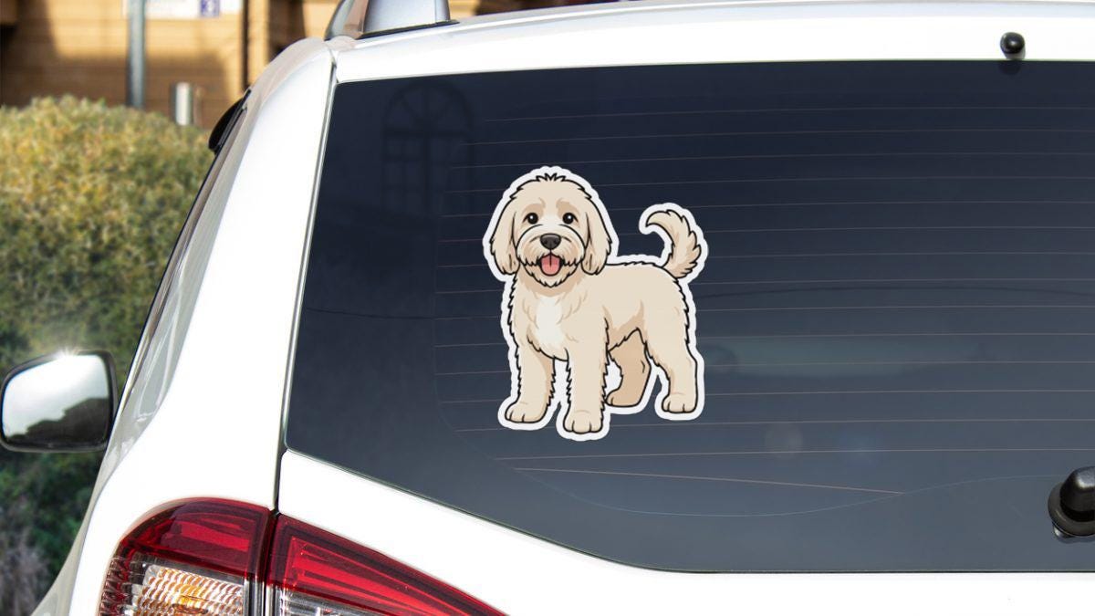a cartoon illustration of a dog on the rear window of a car.