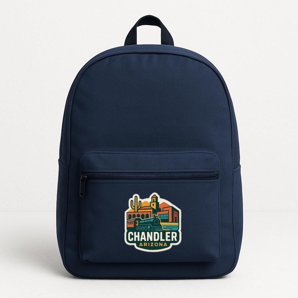 A navy blue backpack with a graphic of Chandler, Arizona on the front.