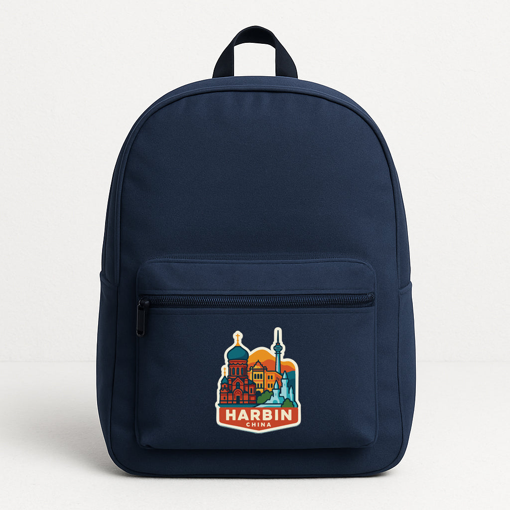 A navy blue backpack with a graphic of Harbin City on the front.
