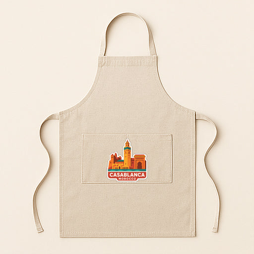 A beige apricot with a graphic of Casablanca, a city in Morocco, printed on it.