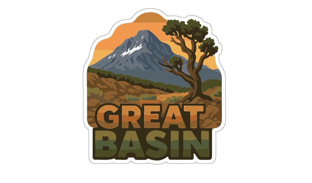 A sticker or illustration depicting a mountain landscape with a tree, mountains, and a sunset sky. The text "GREAT BASIN" is prominently displayed in the center of the image.