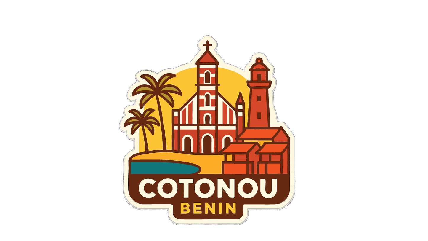 a sticker or emblem with a stylized illustration of a church, palm trees, and a lighthouse, along with the text "COTONOU BENIN".