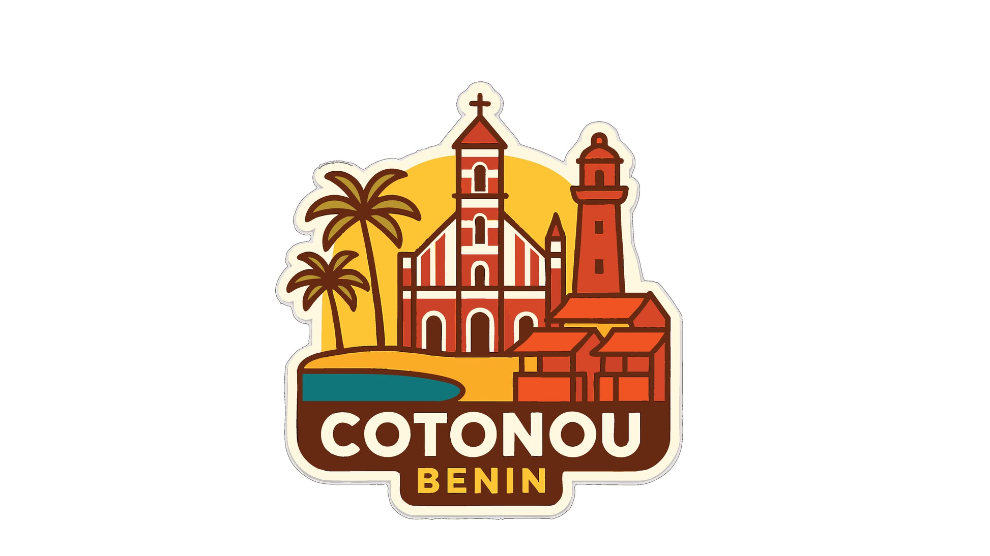 a sticker or emblem with a stylized illustration of a church, palm trees, and a lighthouse, along with the text "COTONOU BENIN".