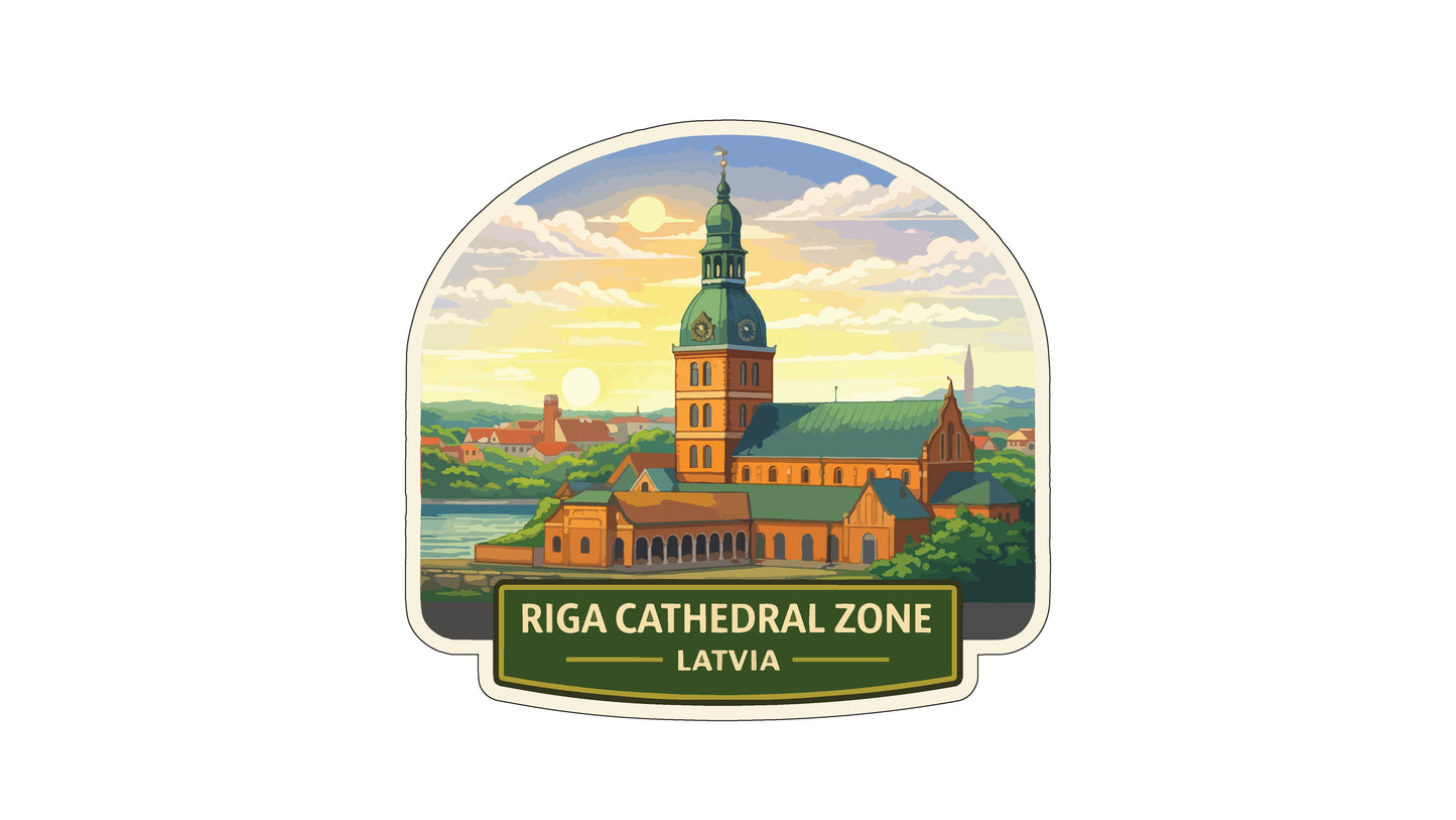 a sticker or label with an illustration of the Riga Cathedral in Latvia, surrounded by a scenic landscape with a sunset and clouds.