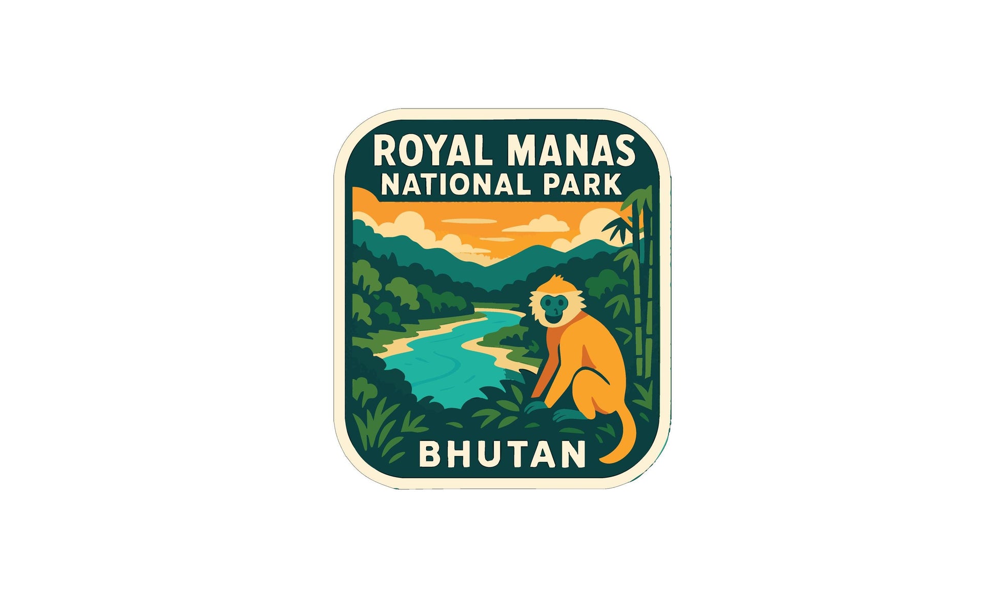 a sticker or emblem with a monkey and a river, representing the Royal Manas National Park in Bhutan.