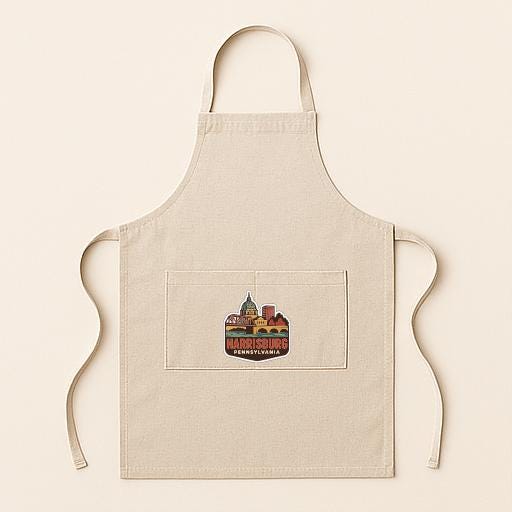 A beige apricot with a small graphic patch on the front, featuring a city skyline.