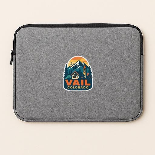A gray laptop sleeve with a logo for Vail, Colorado.