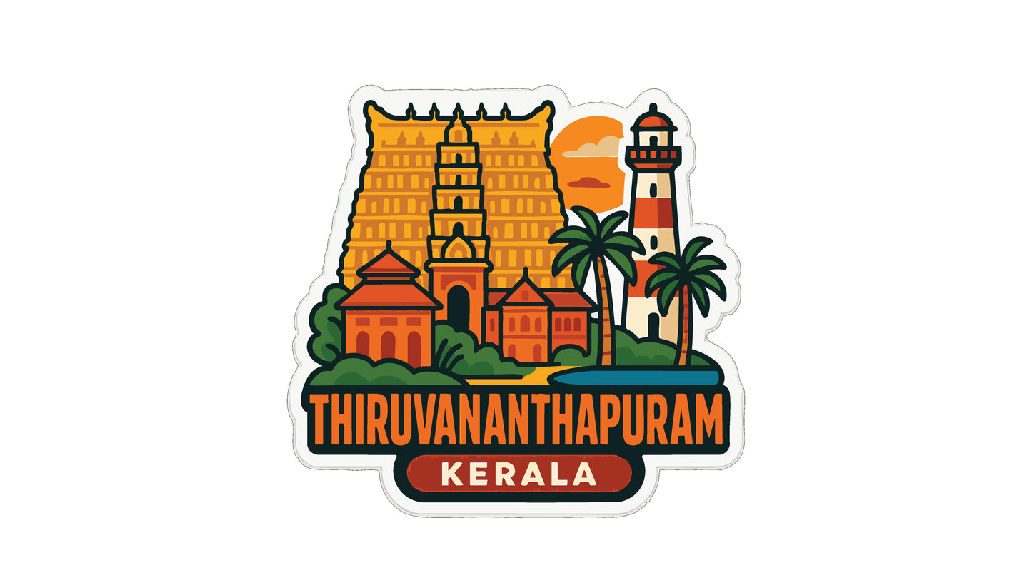 The image is a sticker or illustration depicting the landmarks and scenery of Thiruvannanthapuram, a city in Kerala, India.