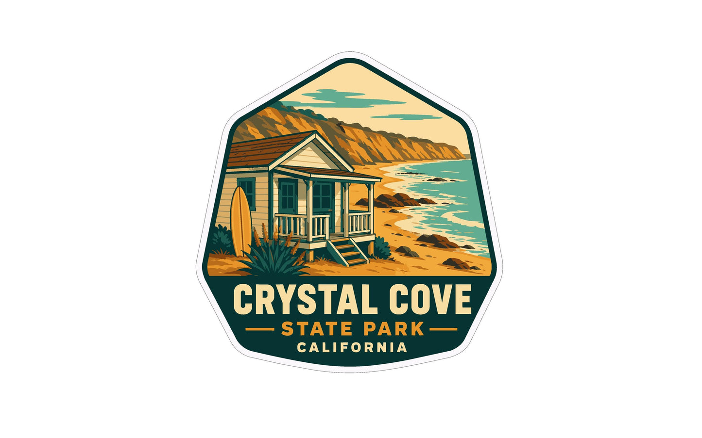 A sticker or emblem featuring a beach house and ocean, with the text "CRYSTAL COVE STATE PARK CALIFORNIA" prominently displayed.