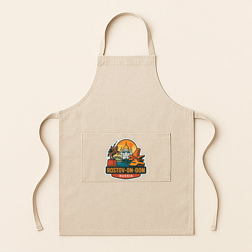 A beige apricot with a logo on it, featuring a colorful illustration of a cityscape with a castle and a sun.