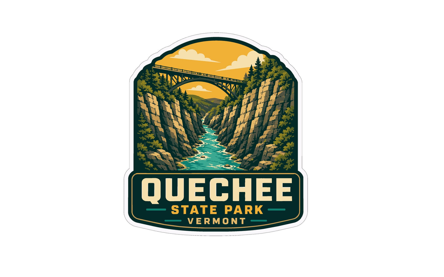 A sticker or emblem featuring a scenic landscape with a bridge, mountains, and a river, with the text "Quechee State Park, Vermont" prominently displayed.