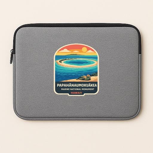 A gray laptop sleeve with a graphic design depicting the Papahanaumoku O'ahu National Monument in Hawaii.
