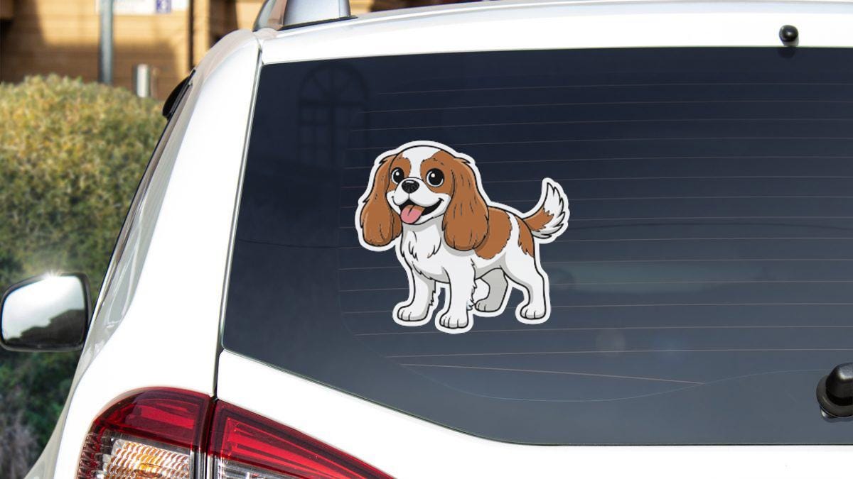 a cartoon dog sticker on the rear window of a white car.
