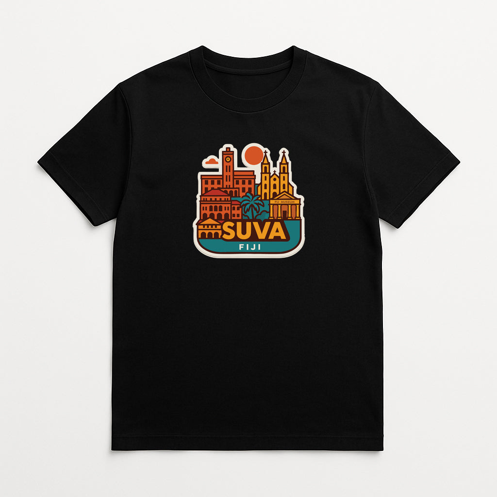 A black t-shirt with a colorful graphic design depicting the city of Suva, Fiji.