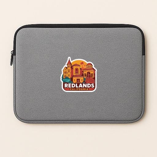 A gray laptop sleeve with a colorful sticker of a cityscape and the text "REDLANDS, CALIFORNIA" printed on it.