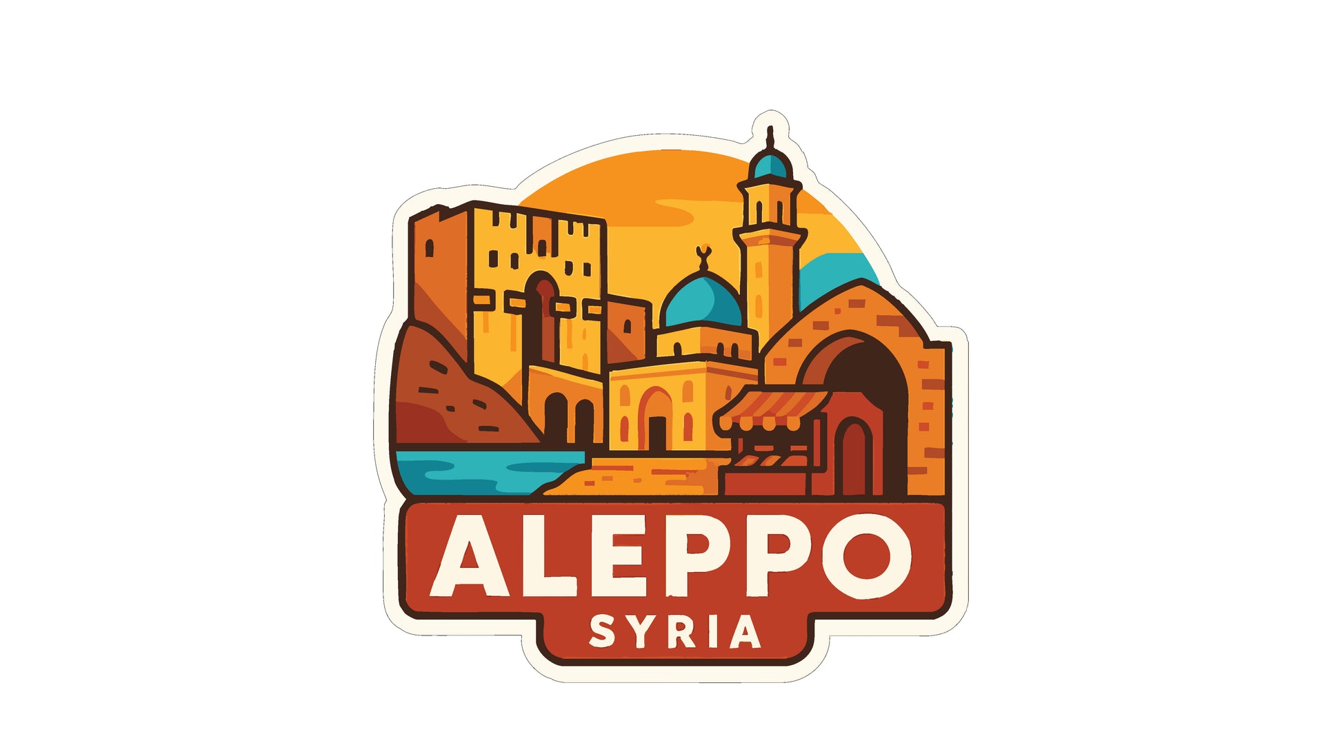 a stylized illustration of the city of Aleppo, Syria, with various buildings and landmarks depicted in a colorful and artistic manner.