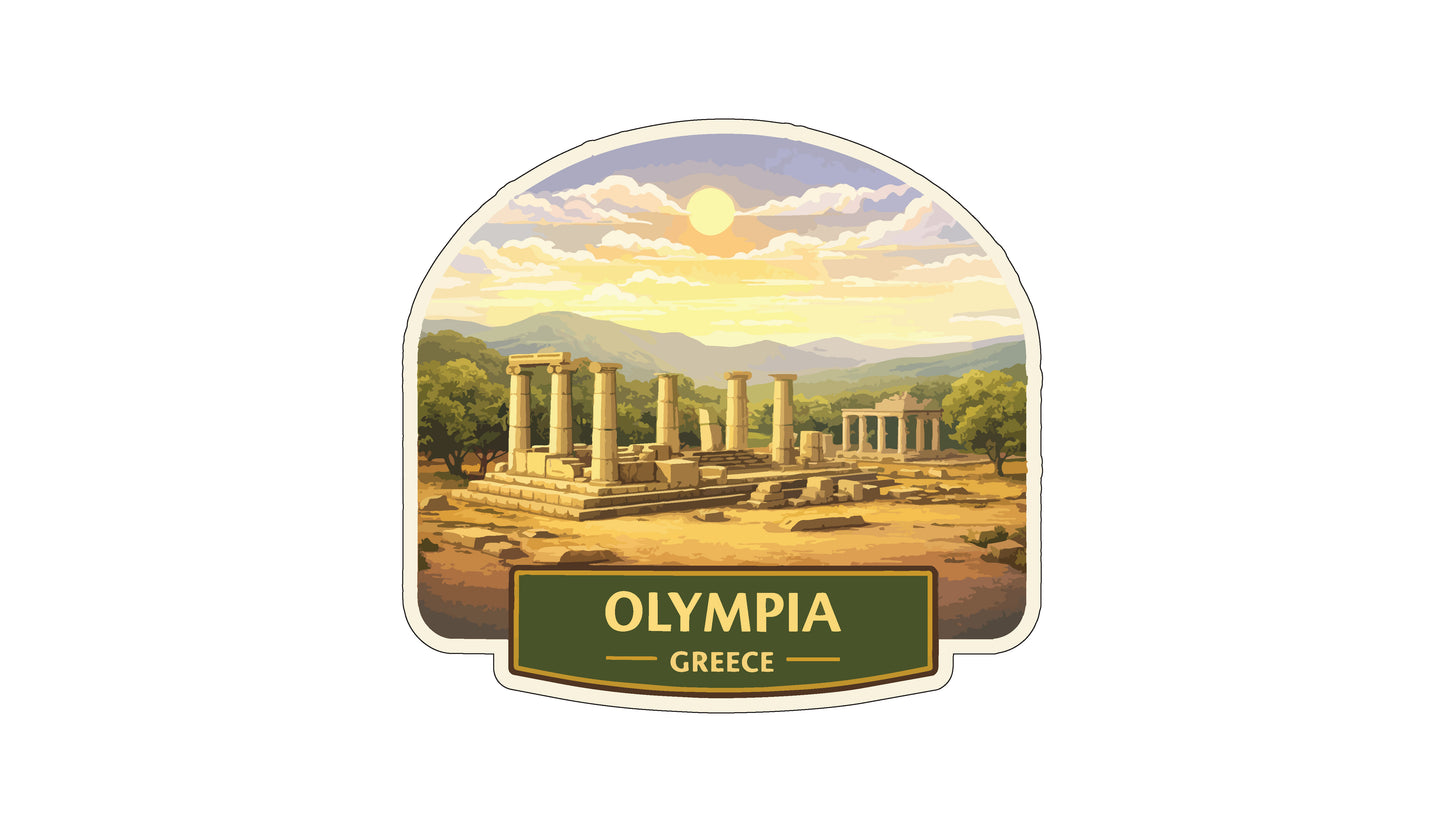 the ancient ruins of Olympia, Greece, with the sun setting in the background.