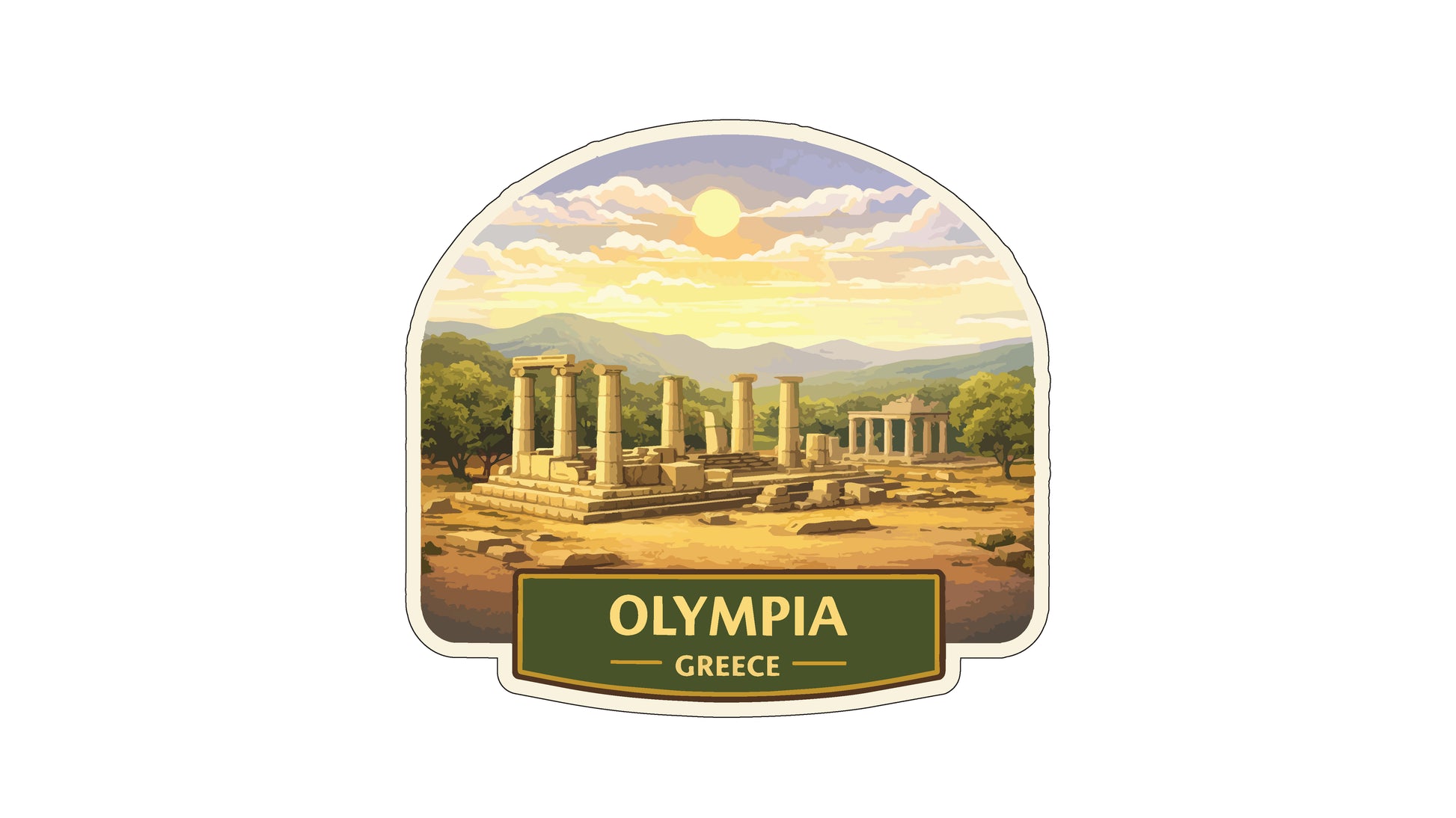 the ancient ruins of Olympia, Greece, with the sun setting in the background.