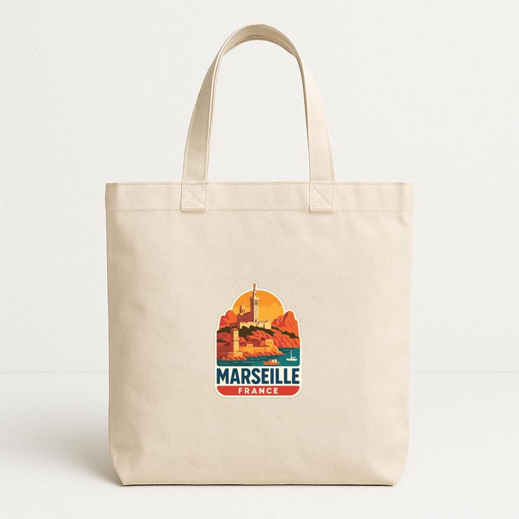 A beige tote bag with a printed design of a landmark, specifically the Eiffel Tower, and the text "MARSELLE FRANCE" printed on it.