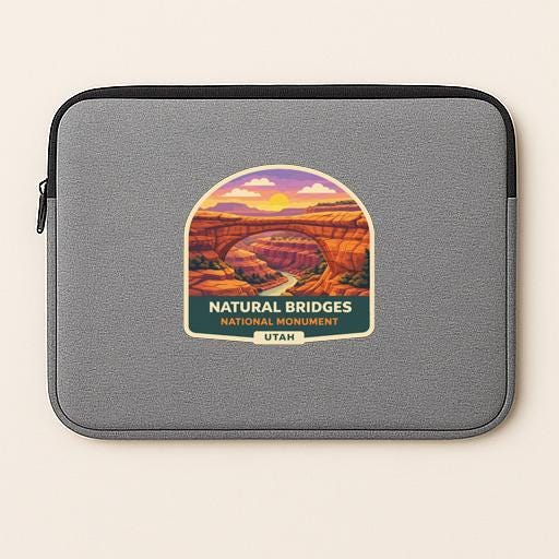 A gray laptop sleeve with a graphic design depicting the Natural Bridges National Monument in Utah.