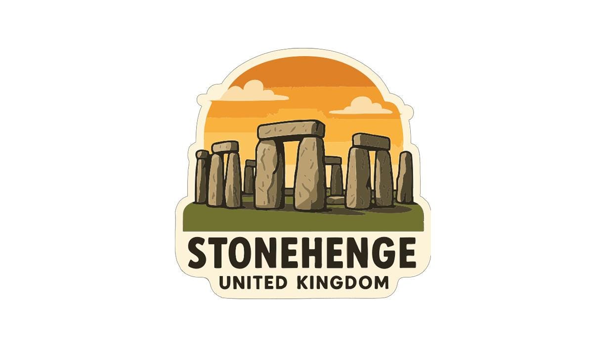 A sticker depicting the Stonehenge monument in the United Kingdom, with a sunset in the background.