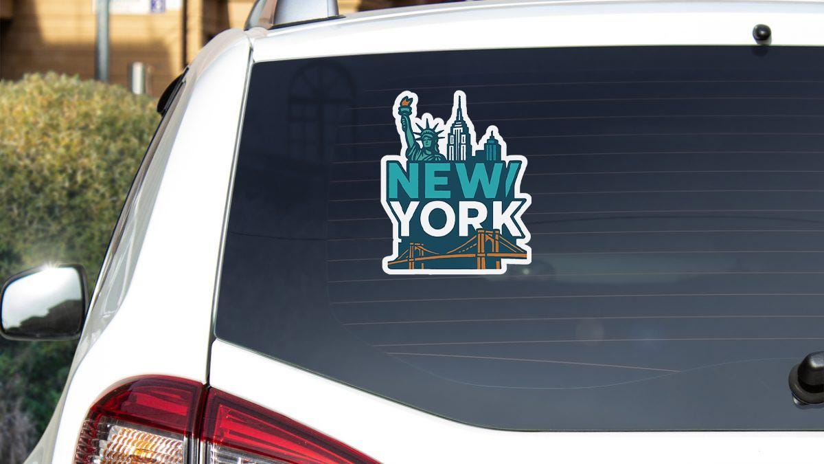 a new york sticker on the back of a car