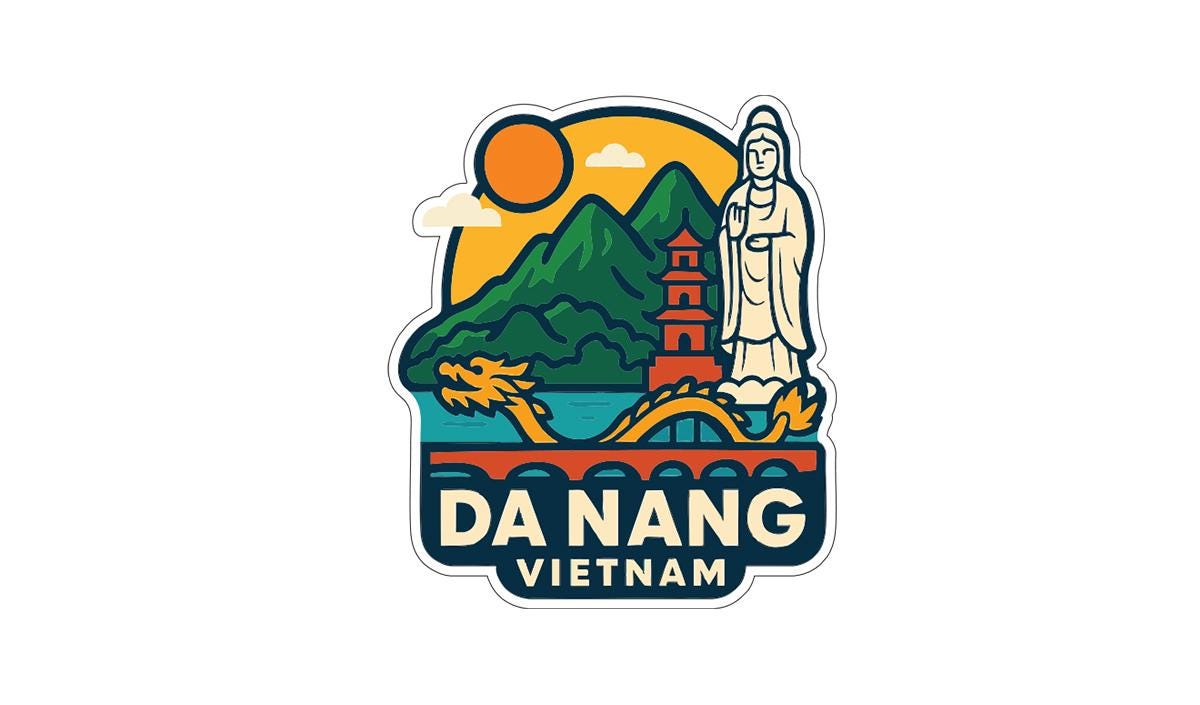 a sticker or logo depicting a scenic view of Da Nang, Vietnam. The landscape includes mountains, a temple, a dragon, and a bridge. The text "DA NANG VIEHNAM" is prominently displayed, indicating the location.