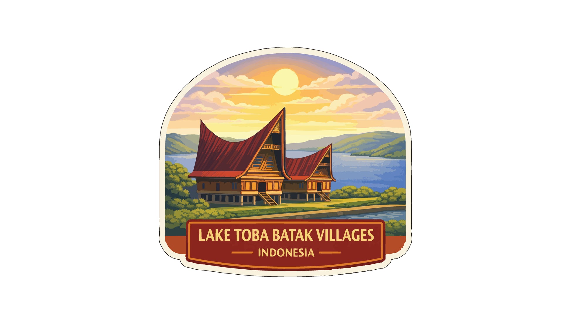 a sticker or label with a tropical village scene, including a house with a distinctive roof, a lake, and a sunset. The text below the image reads "Lake Toba Batak Villages Indonesia".