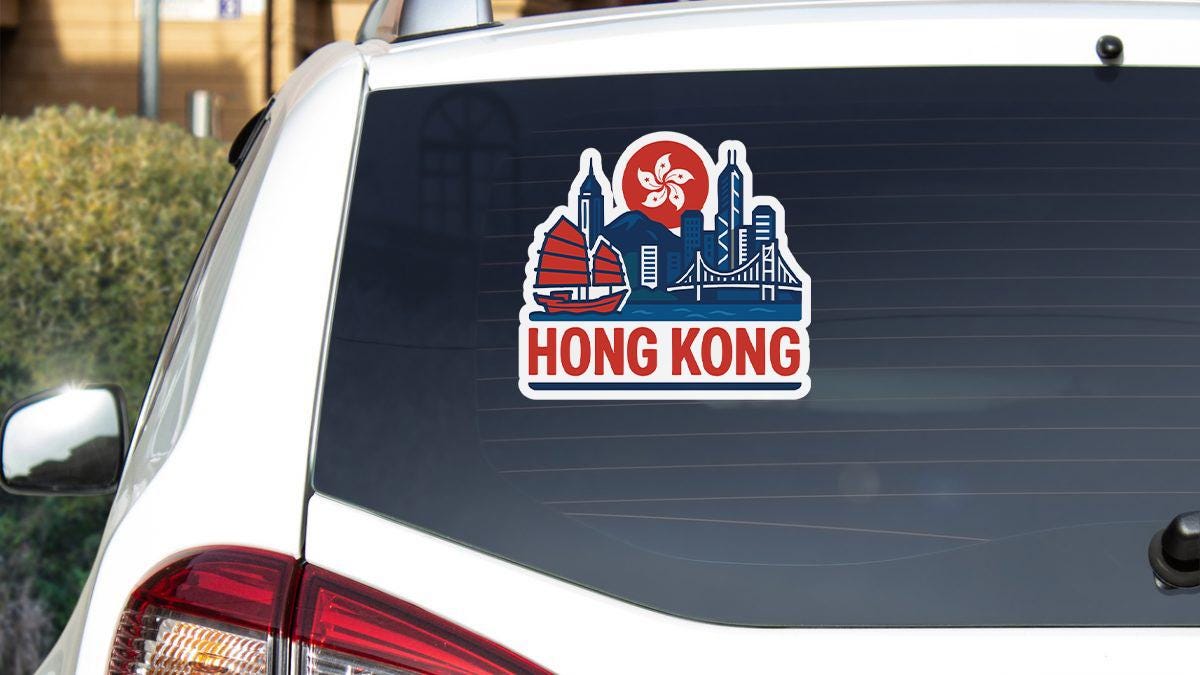 a sticker on the back of a car that says hong kong