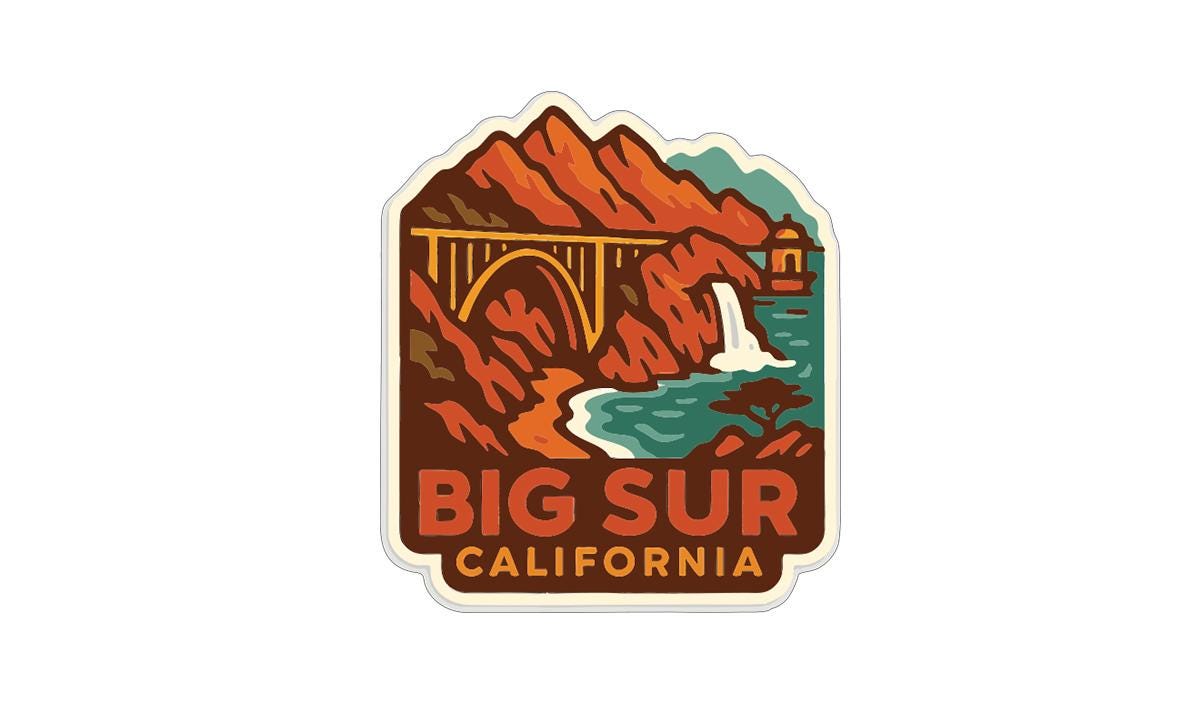 A sticker or emblem featuring a scenic landscape with mountains, a bridge, and a waterfall, along with the text "BIG SUR CALIFORNIA".