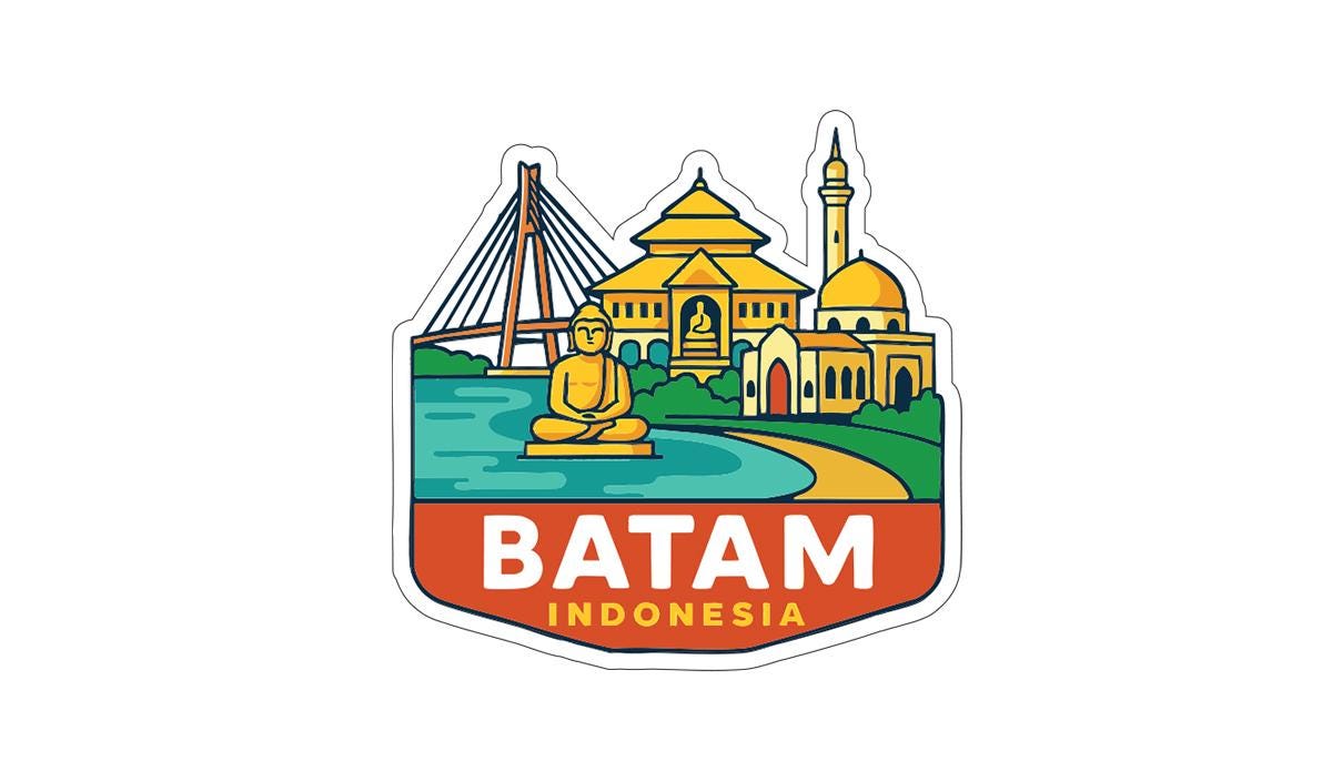 A sticker or emblem featuring the city of Batam, Indonesia, with a golden Buddha statue in the foreground and various architectural structures in the background.
