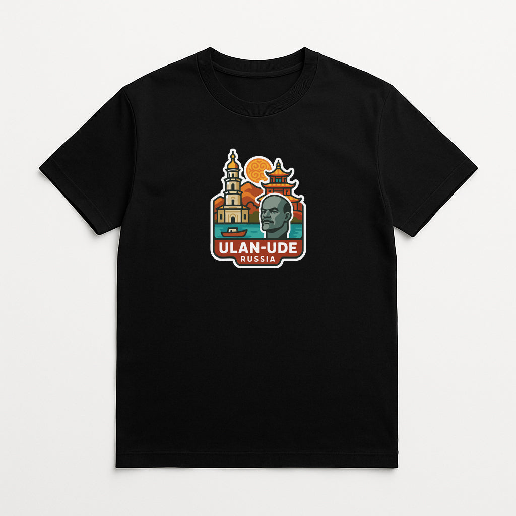 A black t-shirt with a graphic design featuring a man's face and the text "ULAN-UDE RUSSIA" in a stylized font.