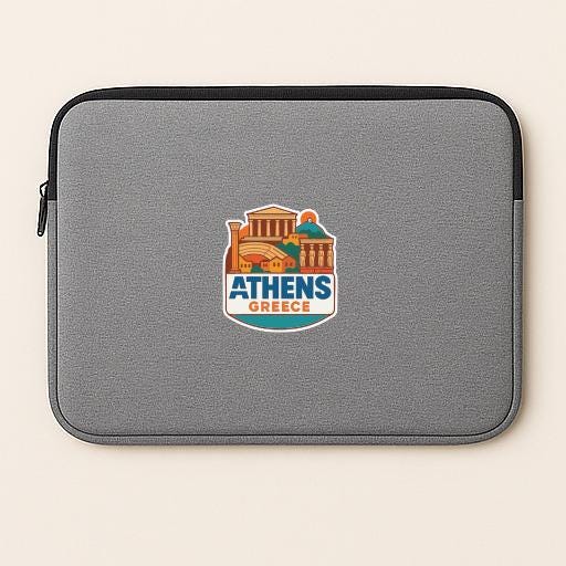 a gray laptop sleeve with a sticker of Athens, Greece, prominently displayed on it.