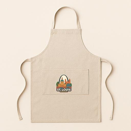 A beige apricot with a graphic of St. Louis on it.