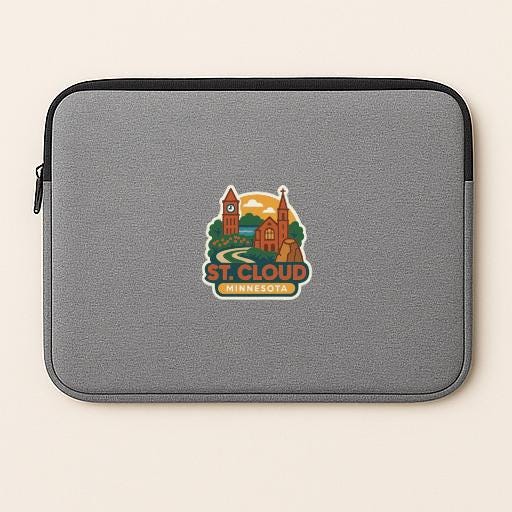 A gray laptop sleeve with a Minnesota-themed sticker on it.