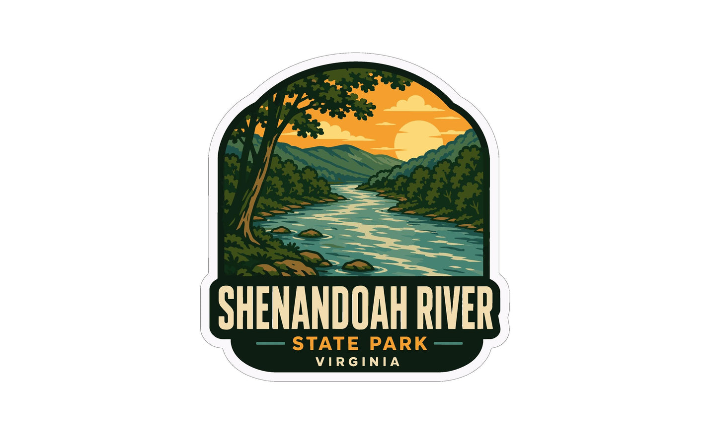 A sticker depicting the scenic beauty of the Shenandoah River in Virginia, with a sunset over the river and lush green trees surrounding it.