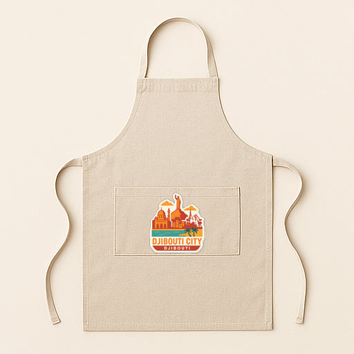 A beige apricot with a graphic design on the front pocket, featuring a city skyline and the text "DJIBOUTI CITY"